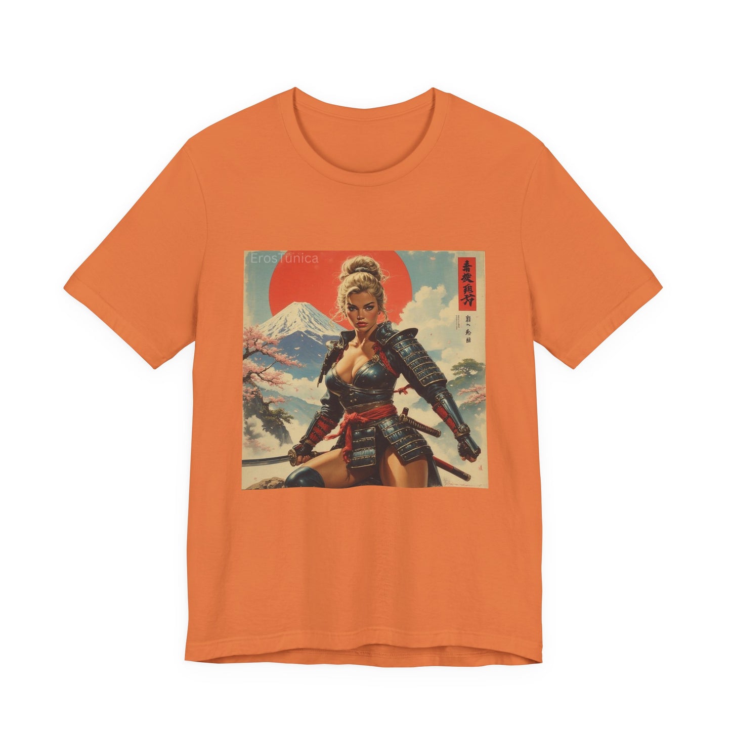 Sakura Samurai Warrior Woman Graphic Tee — Retro Japanese Mount Fuji Design