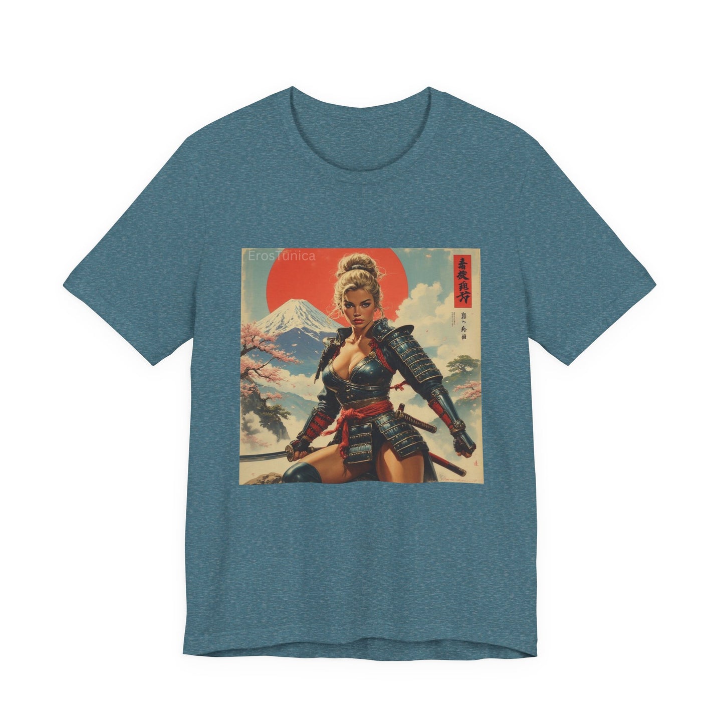 Sakura Samurai Warrior Woman Graphic Tee — Retro Japanese Mount Fuji Design