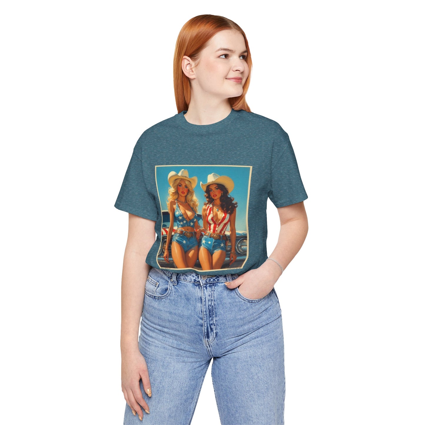 Star Spangled Sirens Pin-Up Cowgirl Tee — Retro Patriotic sass n chrome T-Shirt