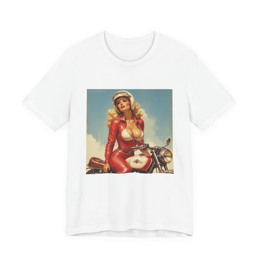 Candy Chrome Biker Tee — Retro Motorcycle Girl Graphic Shirt