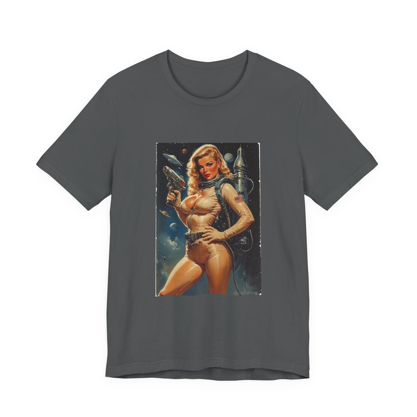 Cosmic Desire Pin-Up Space Babe T-Shirt — Retro Sci‑Fi Woman Graphic Tee