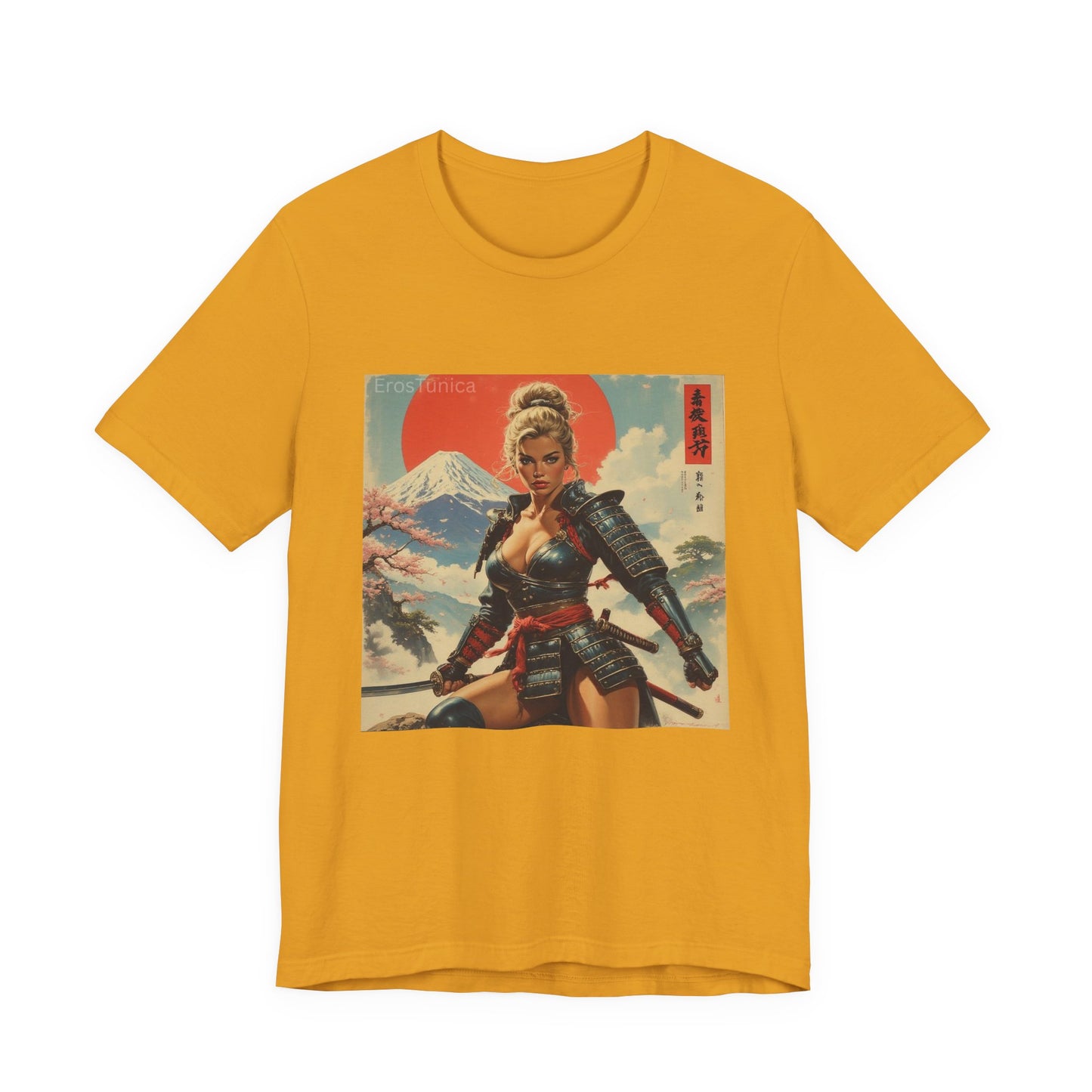 Sakura Samurai Warrior Woman Graphic Tee — Retro Japanese Mount Fuji Design
