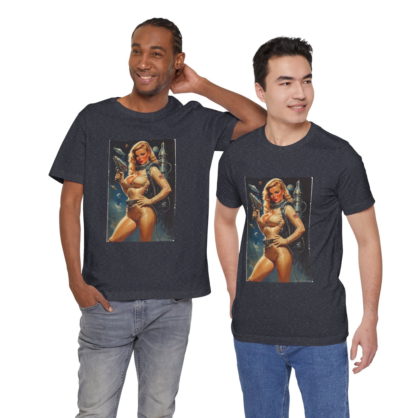 Cosmic Desire Pin-Up Space Babe T-Shirt — Retro Sci‑Fi Woman Graphic Tee