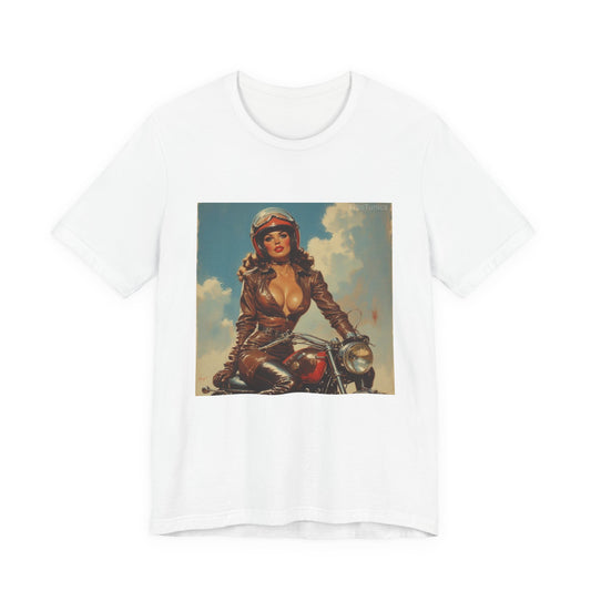 Candy Chrome Vintage Pin-Up Biker Tee — Retro Motorcycle Girl Graphic Shirt
