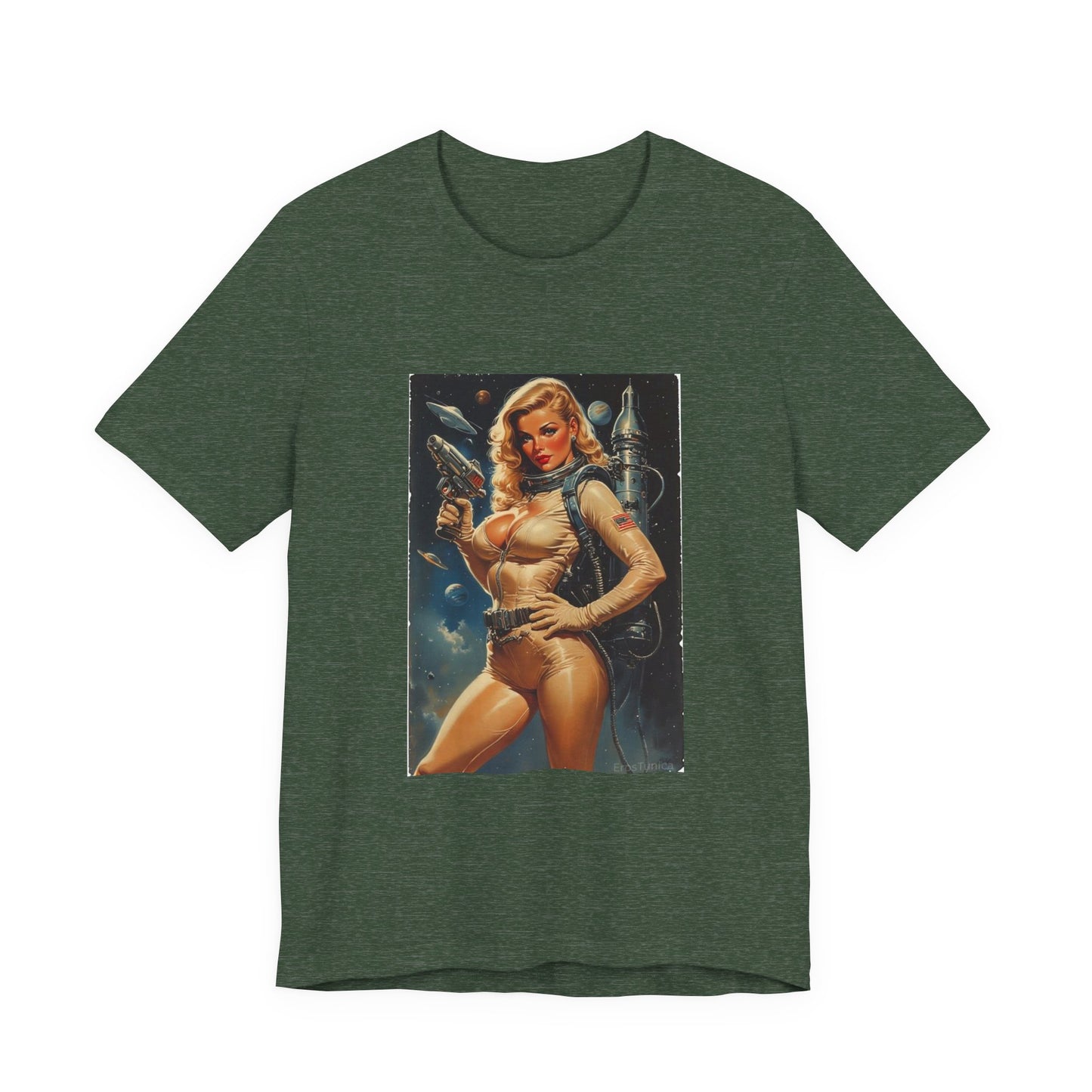 Cosmic Desire Pin-Up Space Babe T-Shirt — Retro Sci‑Fi Woman Graphic Tee