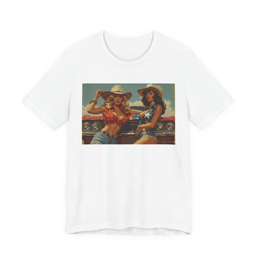 Star Spangled Sirens Retro Cowgirl Pinup Tee – Vintage Western Graphic Shirt