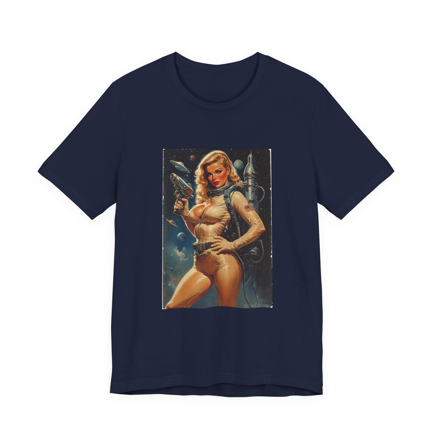 Cosmic Desire Pin-Up Space Babe T-Shirt — Retro Sci‑Fi Woman Graphic Tee