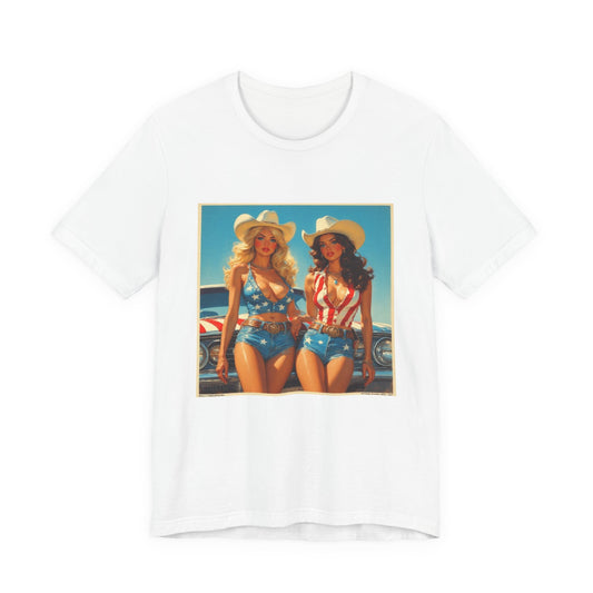 Star Spangled Sirens Pin-Up Cowgirl Tee — Retro Patriotic sass n chrome T-Shirt