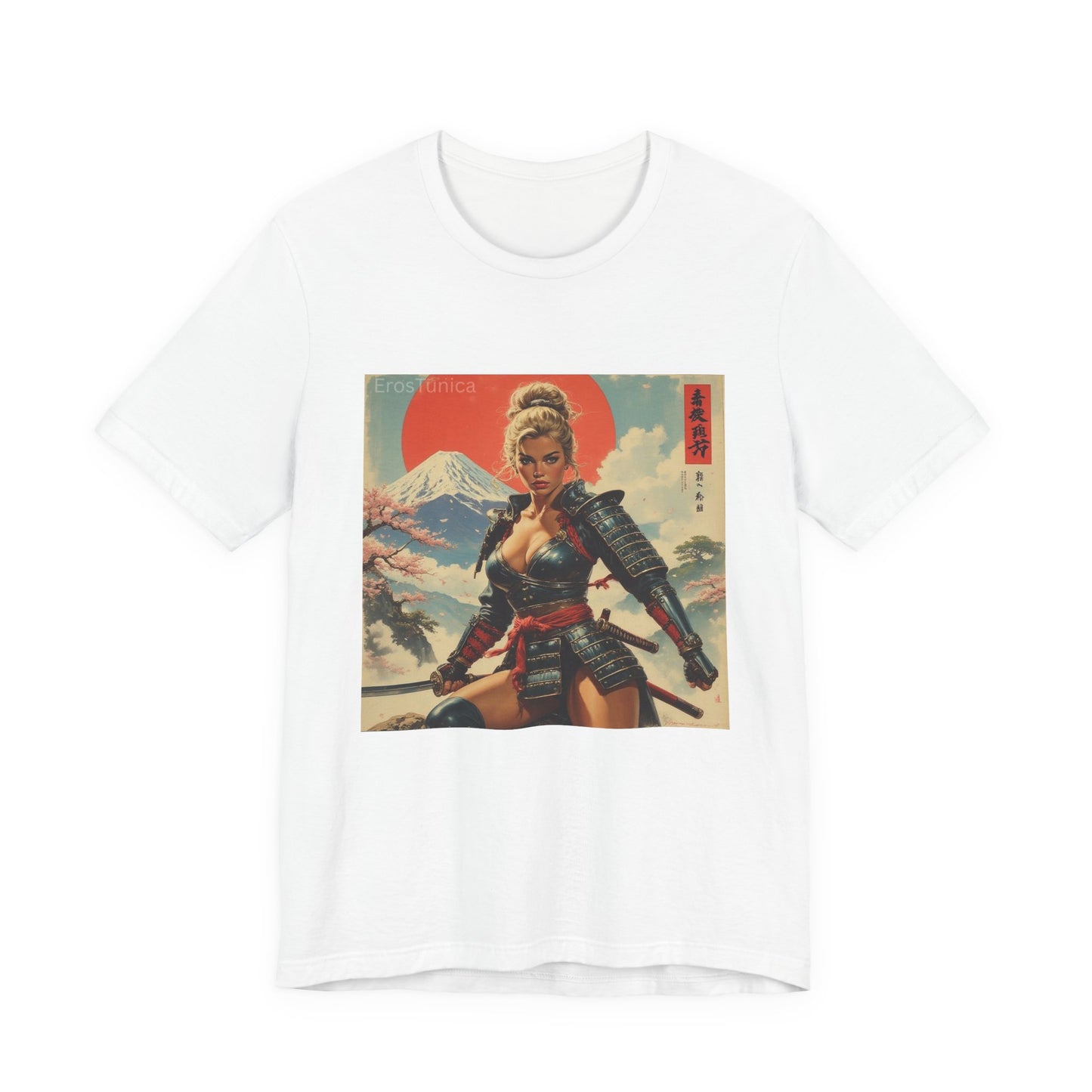 Sakura Samurai Warrior Woman Graphic Tee — Retro Japanese Mount Fuji Design